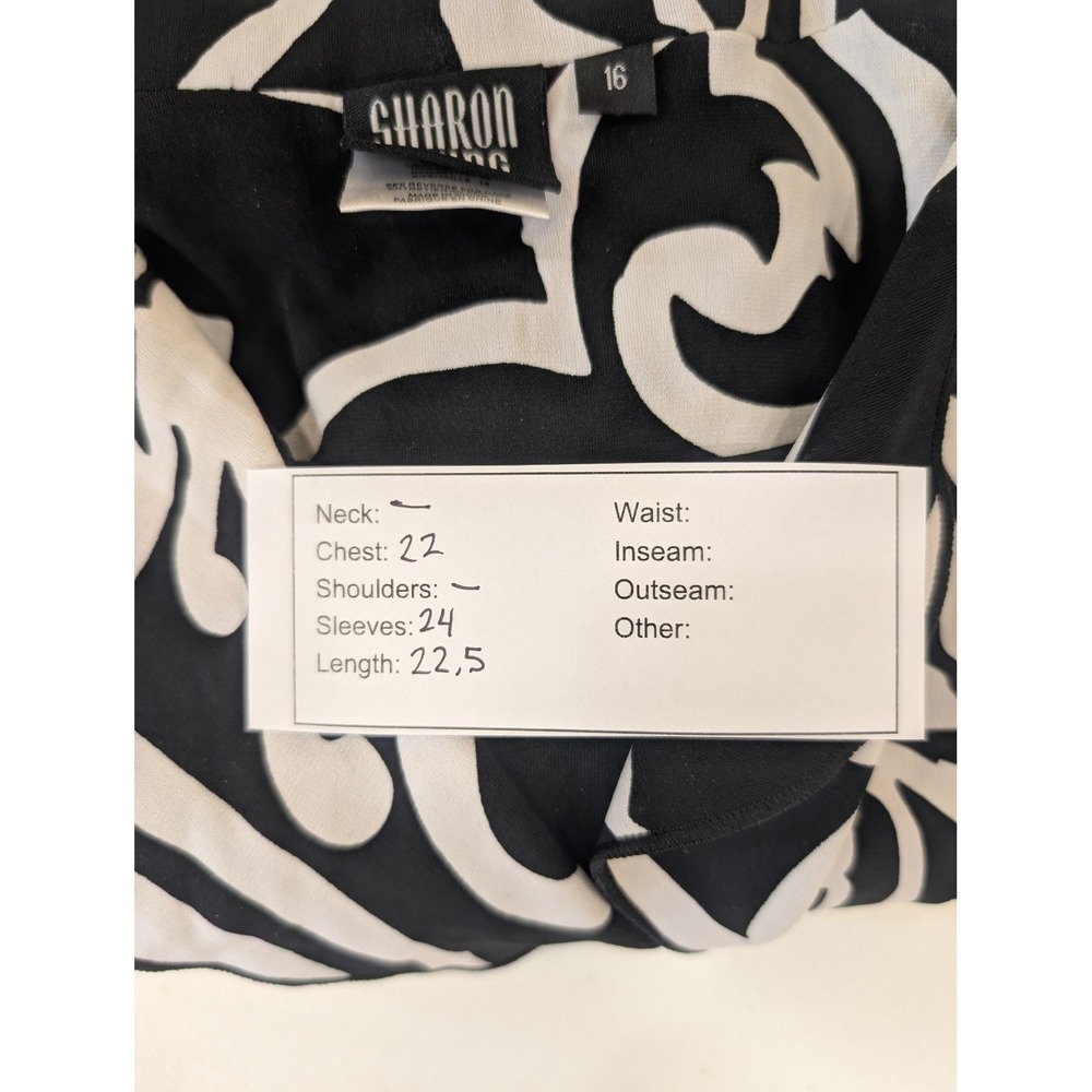 Sharon Young Blouse Size 16 Black White Abstract Print 3/4 Sleeve Button Up - Picture 6 of 6